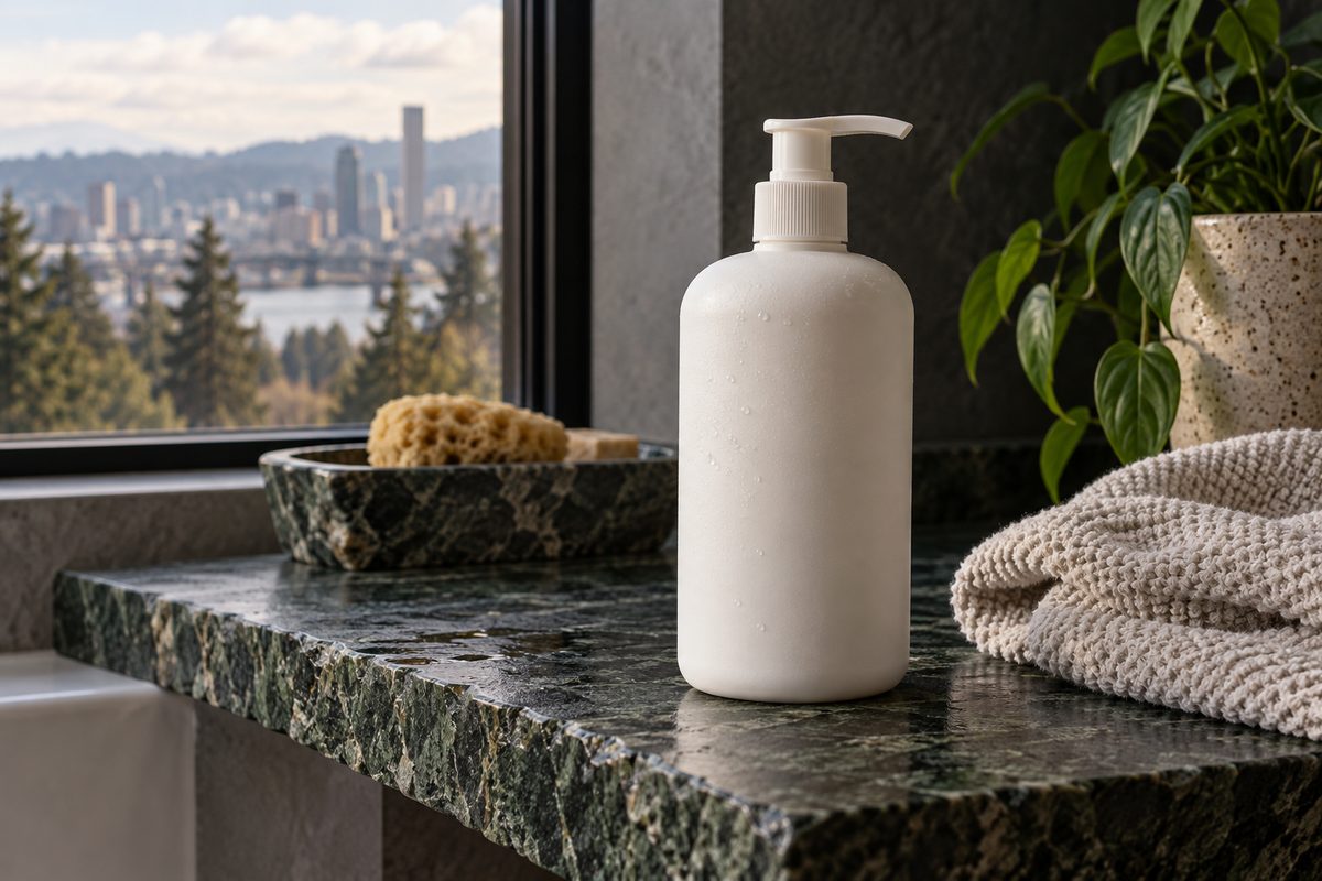 Dermatological restorative body lotion bottle on stone base