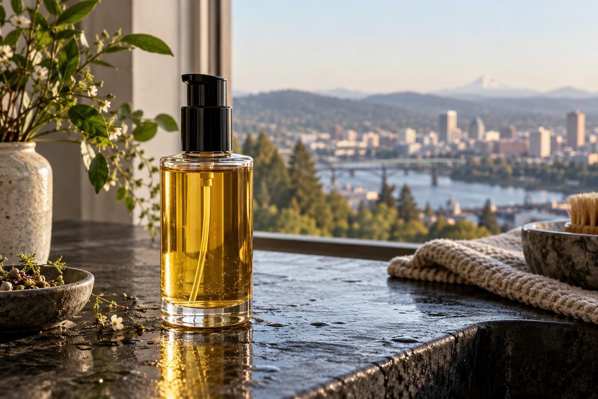 Botanical cleansing oil in clear glass pump container