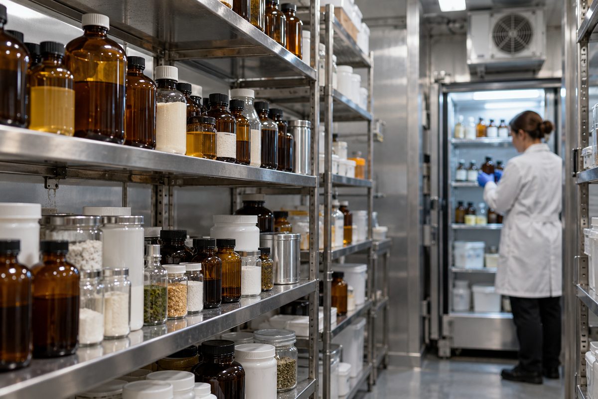 Climate-controlled batch inventory on stainless steel industrial shelving