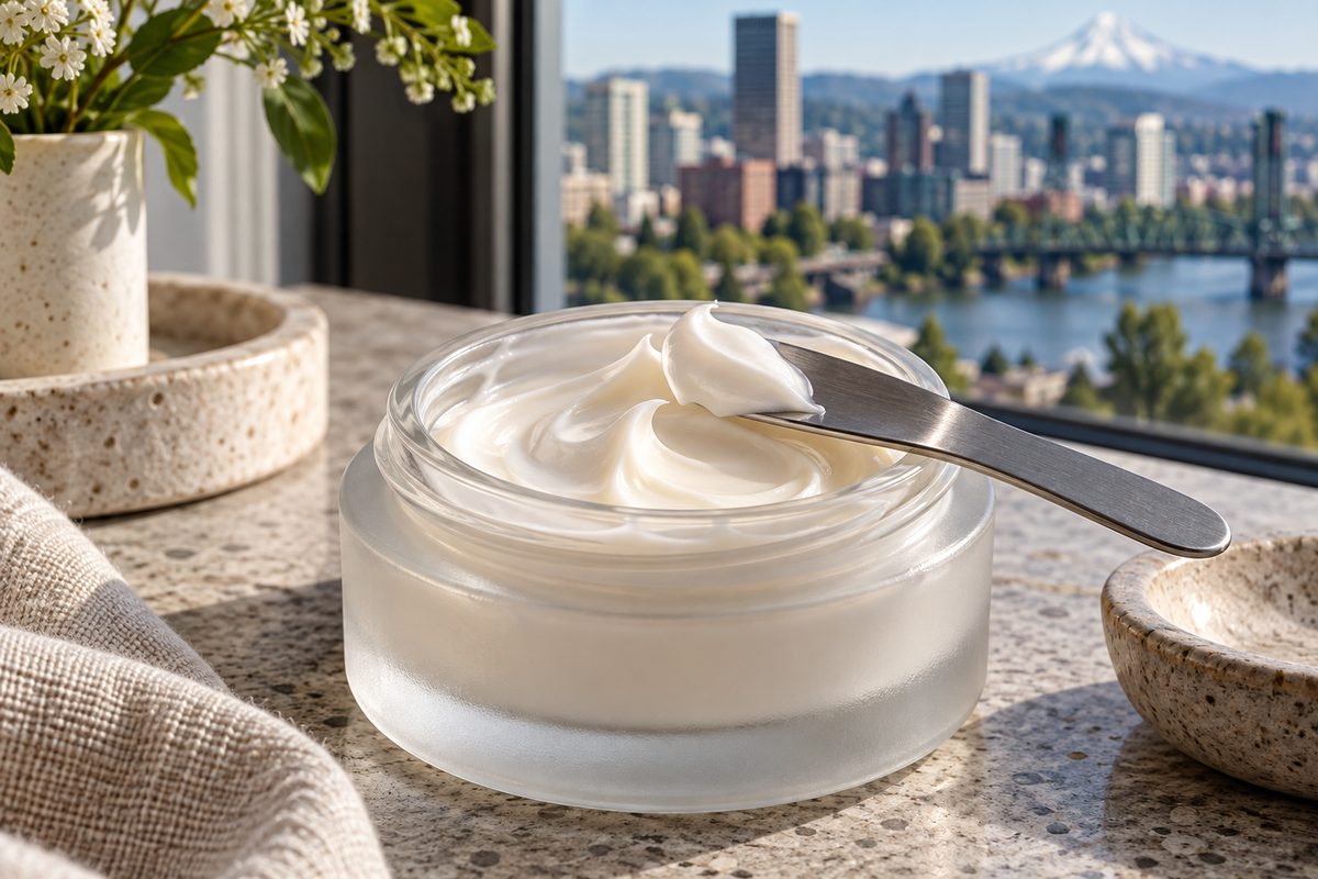 Ceramide barrier repair cream in frosted cosmetic jar with metal applicator