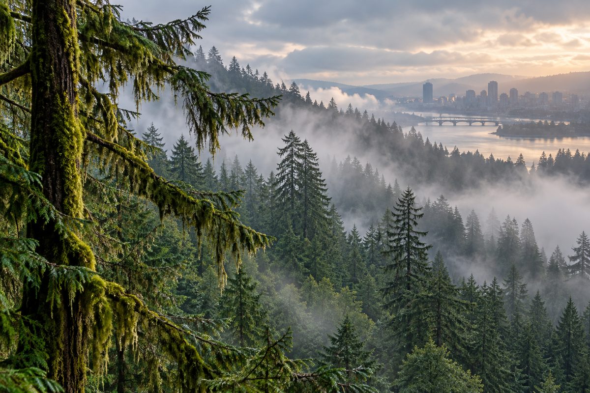 Dense Pacific Northwest pine forest canopy in morning mist