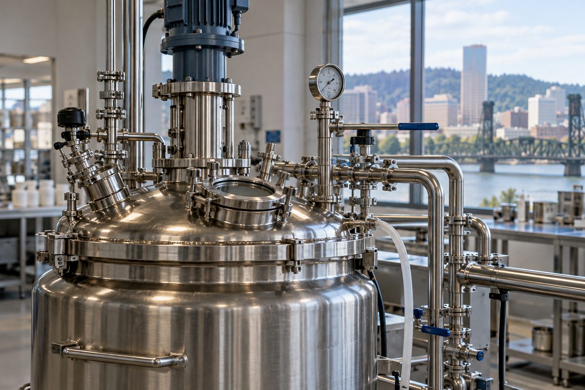 Industrial stainless steel compounding vessel in cosmetic manufacturing facility