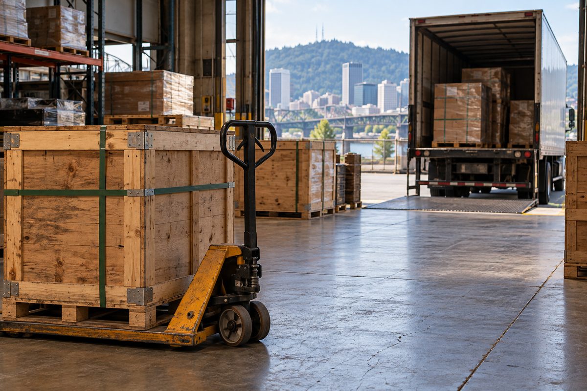 Commercial distribution dock and freight dispatch bay with palletized skincare cargo