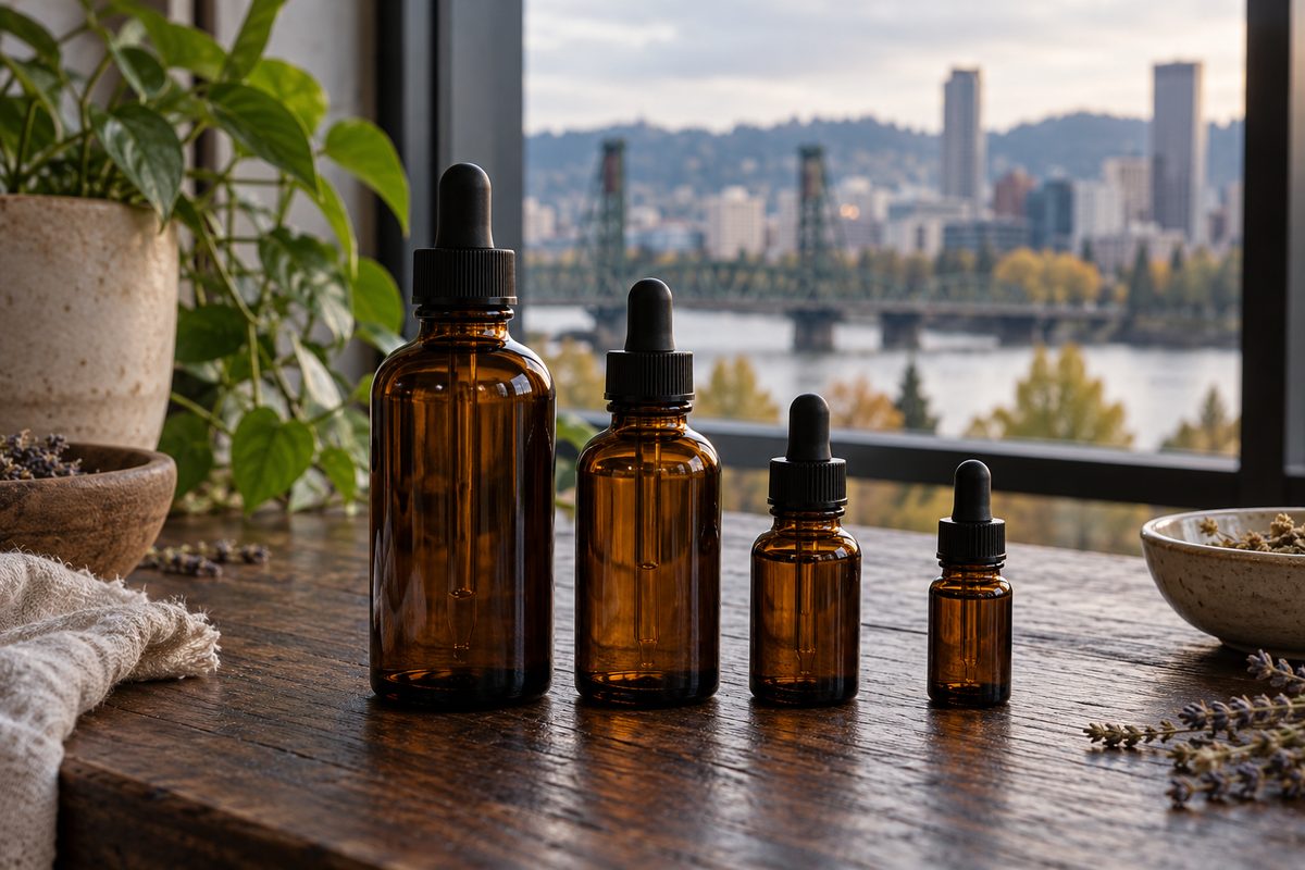 Four graded sizes of pharmaceutical amber glass bottles with dropper caps