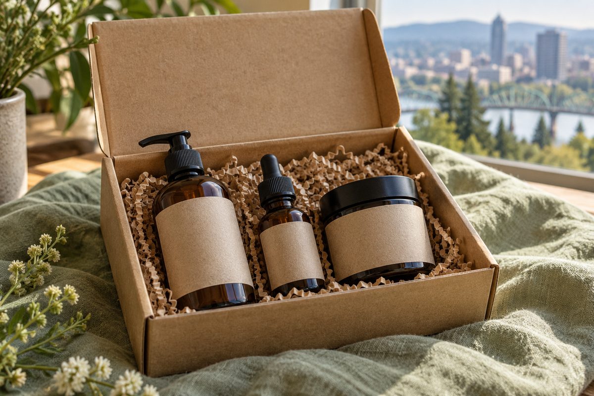 Three-piece skincare starter kit packaged in unbleached paperboard box