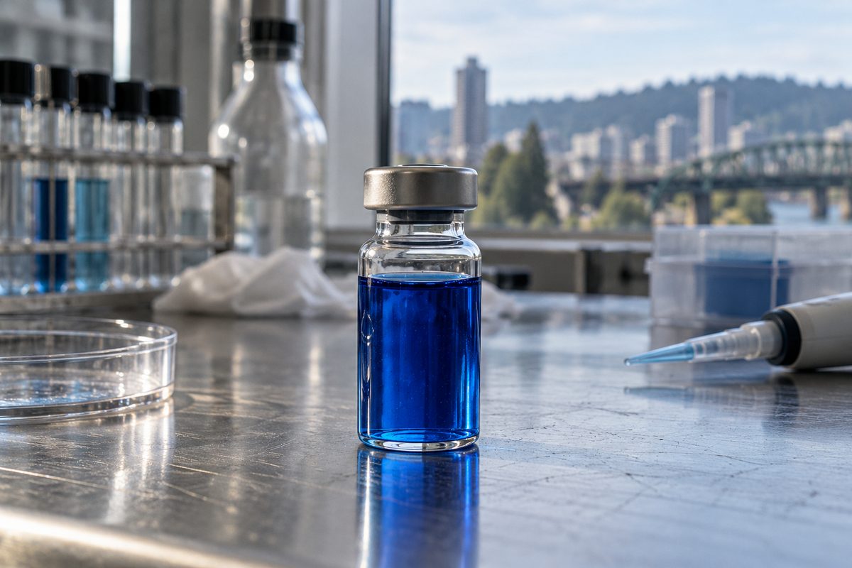 Clinical vial of blue copper tripeptide active serum concentrate